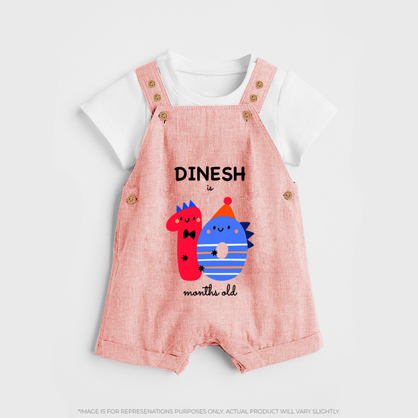 Milestone Dungaree Set for 10th Month | Soft Cotton Personalized Dungaree Set | Unisex Design - PEACH - 0 - 5 Months Old (Chest 18")