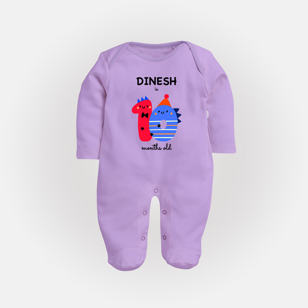 Milestone Full Sleeve Bodysuit/ Sleep Suit/ Jumpsuit for 10th Month | Soft Cotton Personalized Full Sleeve Bodysuit/ Sleep Suit/ Jumpsuit | Unisex Design - LILAC - New Born (Chest 7.5")