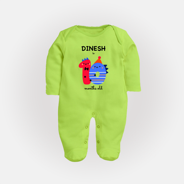 Milestone Full Sleeve Bodysuit/ Sleep Suit/ Jumpsuit for 10th Month | Soft Cotton Personalized Full Sleeve Bodysuit/ Sleep Suit/ Jumpsuit | Unisex Design - LIME GREEN - New Born (Chest 7.5")
