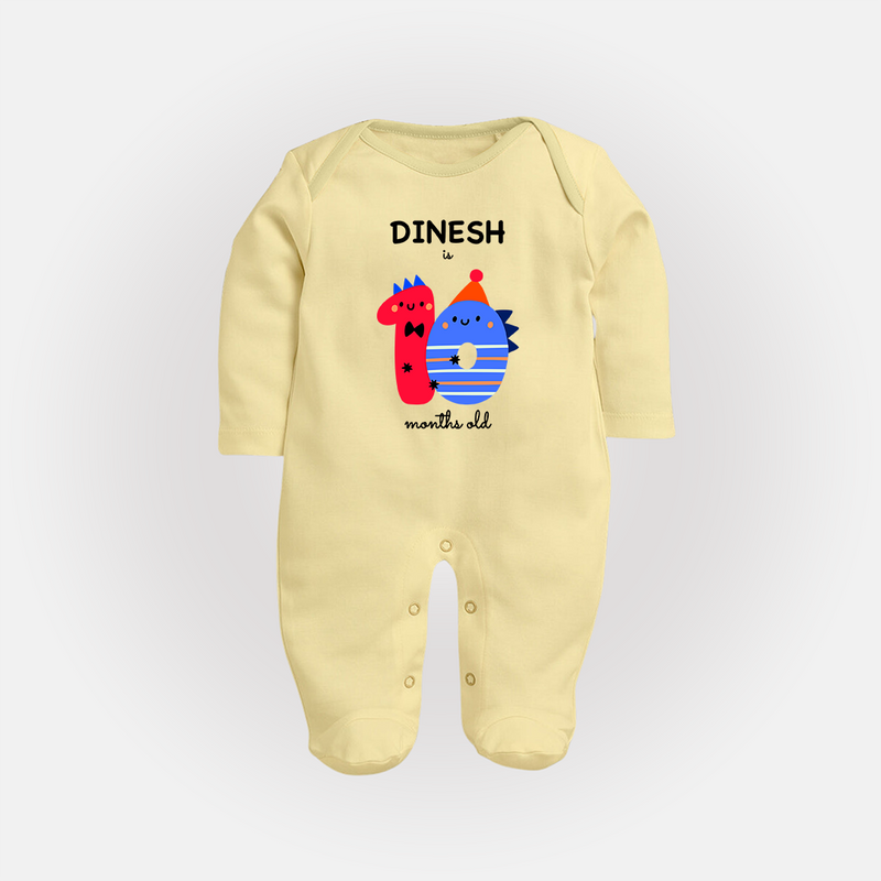Milestone Full Sleeve Bodysuit/ Sleep Suit/ Jumpsuit for 10th Month | Soft Cotton Personalized Full Sleeve Bodysuit/ Sleep Suit/ Jumpsuit | Unisex Design - PASTEL YELLOW - New Born (Chest 7.5")