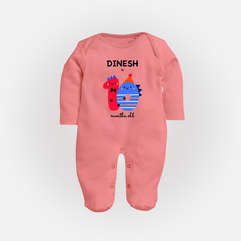 Milestone Full Sleeve Bodysuit/ Sleep Suit/ Jumpsuit for 10th Month | Soft Cotton Personalized Full Sleeve Bodysuit/ Sleep Suit/ Jumpsuit | Unisex Design - PEACH - New Born (Chest 7.5")