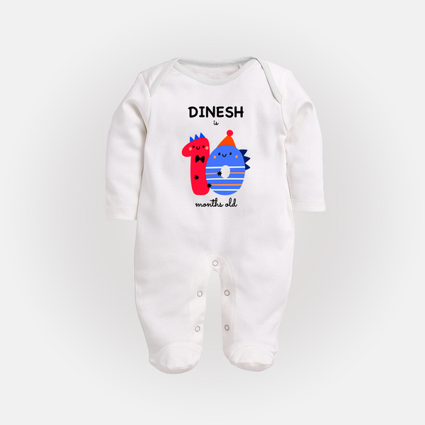 Milestone Full Sleeve Bodysuit/ Sleep Suit/ Jumpsuit for 10th Month | Soft Cotton Personalized Full Sleeve Bodysuit/ Sleep Suit/ Jumpsuit | Unisex Design - WHITE - New Born (Chest 7.5")