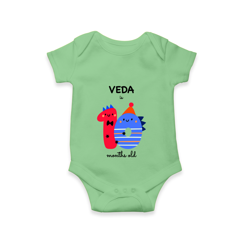 Celebrate The Tenth Month Birthday Custom Romper, Featuring with your Baby's name - GREEN - 0 - 3 Months Old (Chest 16")