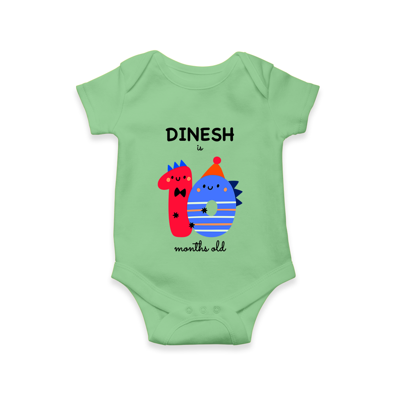 Milestone Romper for 10th Month | Soft Cotton Personalized Romper/Onesie | Unisex Design - GREEN - New Born (Chest 14")