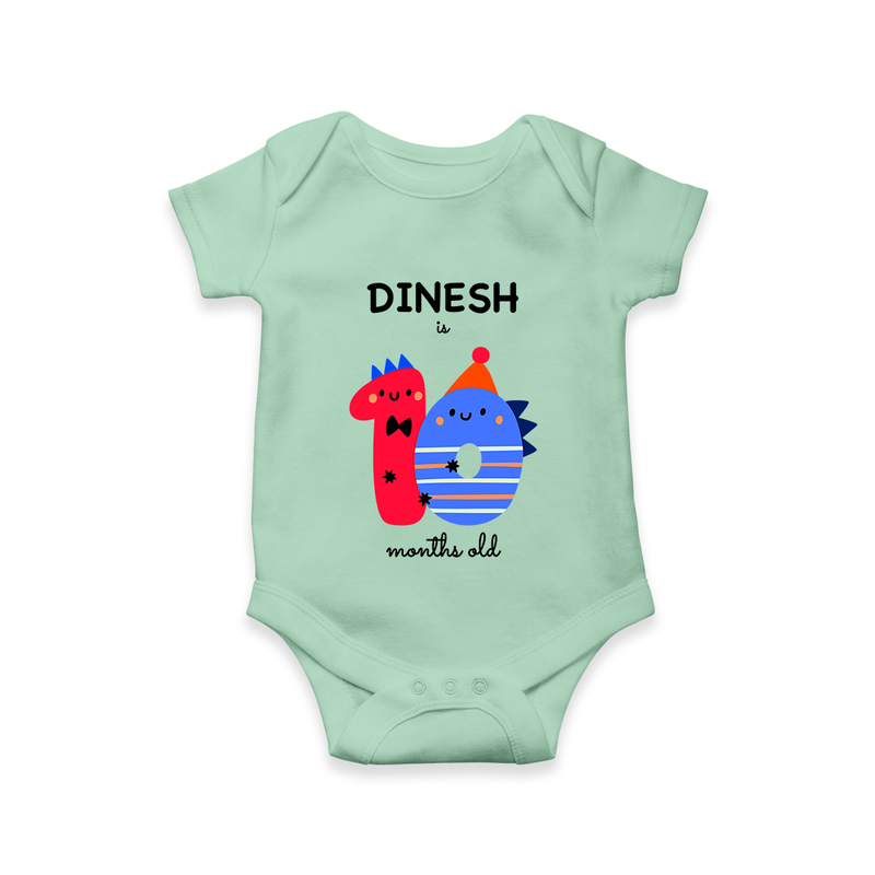 Milestone Romper for 10th Month | Soft Cotton Personalized Romper/Onesie | Unisex Design - MINT GREEN - New Born (Chest 14")
