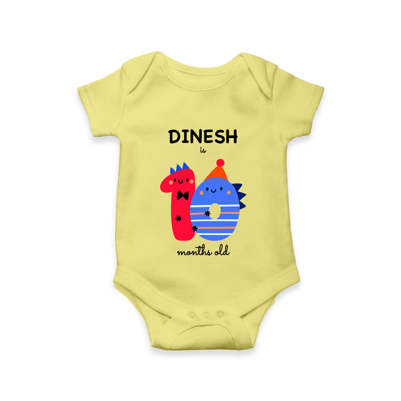 Milestone Romper for 10th Month | Soft Cotton Personalized Romper/Onesie | Unisex Design - PASTEL YELLOW - New Born (Chest 14")