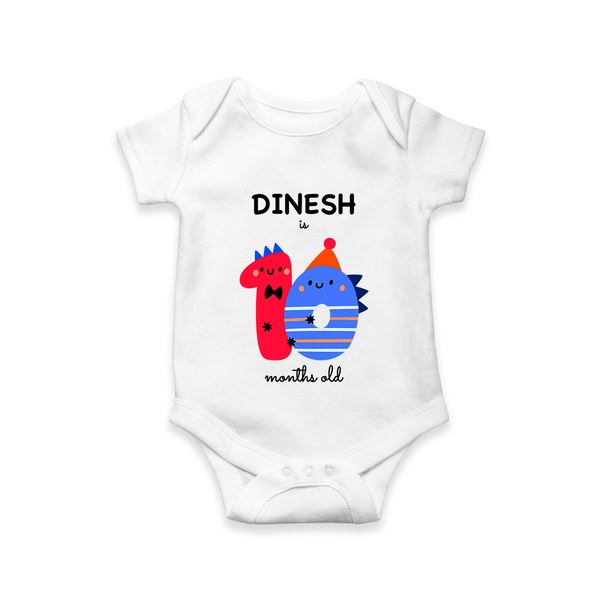 Milestone Romper for 10th Month | Soft Cotton Personalized Romper/Onesie | Unisex Design - WHITE - New Born (Chest 14")