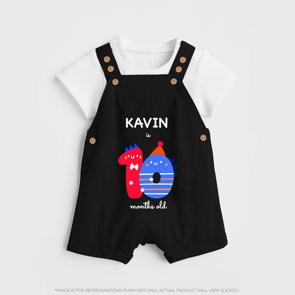 Milestone Dungaree Set for 10th Month | Soft Cotton Personalized Dungaree Set | Unisex Design - BLACK - 0 - 5 Months Old (Chest 18")