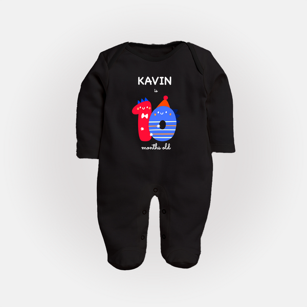 Milestone Full Sleeve Bodysuit/ Sleep Suit/ Jumpsuit for 10th Month | Soft Cotton Personalized Full Sleeve Bodysuit/ Sleep Suit/ Jumpsuit | Unisex Design - BLACK - New Born (Chest 7.5")