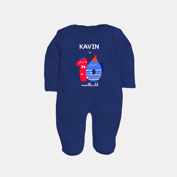 Milestone Full Sleeve Bodysuit/ Sleep Suit/ Jumpsuit for 10th Month | Soft Cotton Personalized Full Sleeve Bodysuit/ Sleep Suit/ Jumpsuit | Unisex Design - NAVY BLUE - New Born (Chest 7.5")