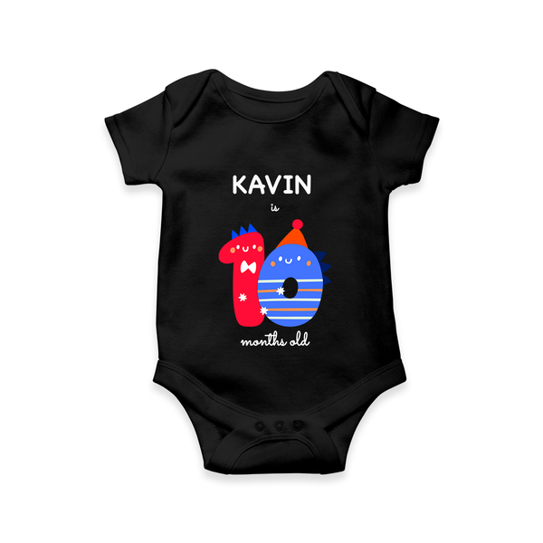 Milestone Romper for 10th Month | Soft Cotton Personalized Romper/Onesie | Unisex Design - BLACK - New Born (Chest 14")