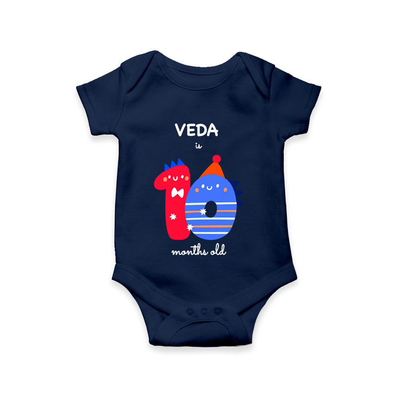 Celebrate The Tenth Month Birthday Custom Romper, Featuring with your Baby's name - NAVY BLUE - 0 - 3 Months Old (Chest 16")