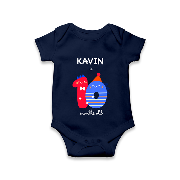 Milestone Romper for 10th Month | Soft Cotton Personalized Romper/Onesie | Unisex Design - NAVY BLUE - New Born (Chest 14")