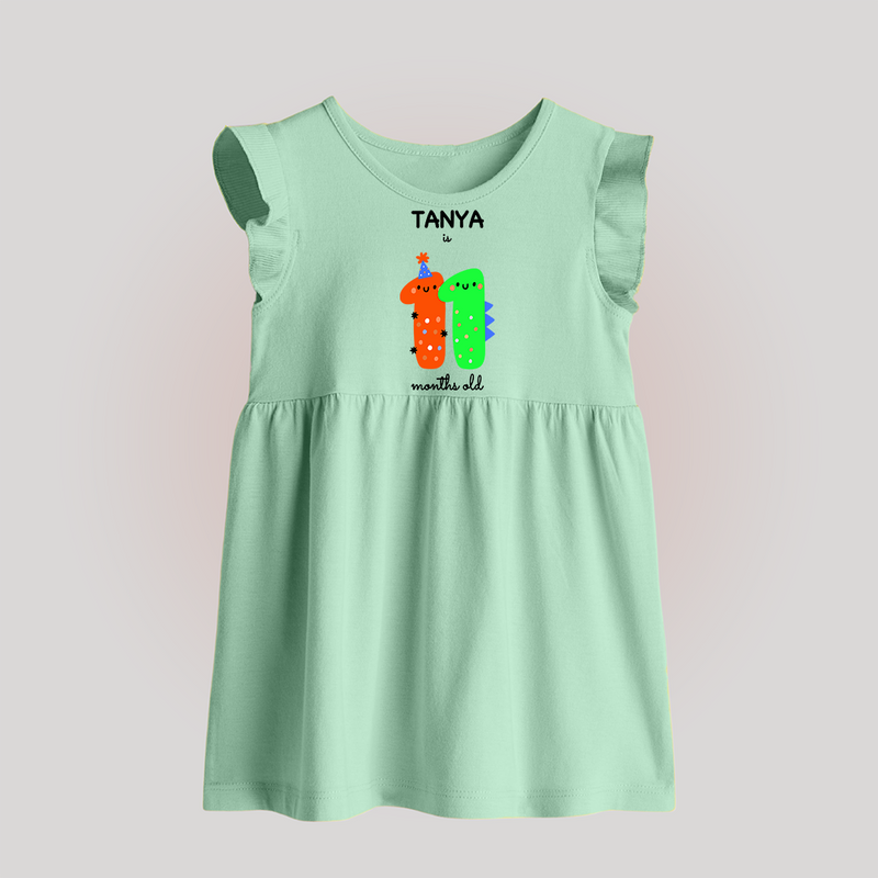 Milestone Baby Frock for 11th Month | Soft Cotton Personalized Baby Frock | Unisex Design - MINT GREEN - 0 - 3 Months Old (Chest 17")
