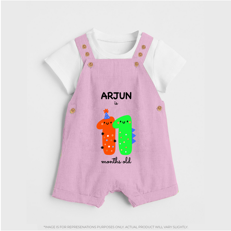 Milestone Dungaree Set for 11th Month | Soft Cotton Personalized Dungaree Set | Unisex Design - BABY PINK - 0 - 5 Months Old (Chest 18")