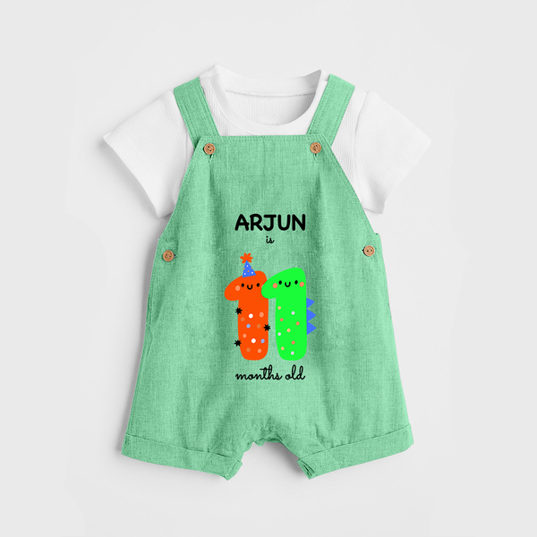 Milestone Dungaree Set for 11th Month | Soft Cotton Personalized Dungaree Set | Unisex Design - GREEN - 0 - 5 Months Old (Chest 18")