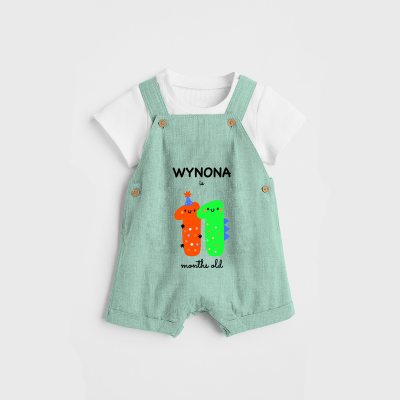 Celebrate The Eleventh Month Birthday Custom Dungaree, Featuring with your Baby's name - LIGHT GREEN - 0 - 5 Months Old (Chest 17")