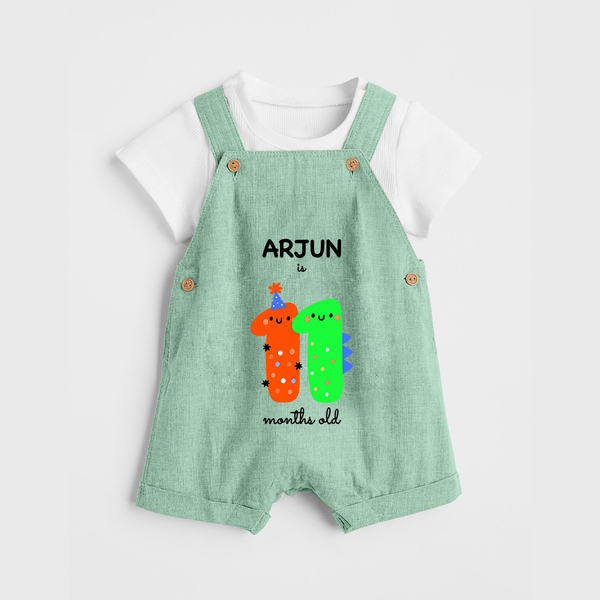 Milestone Dungaree Set for 11th Month | Soft Cotton Personalized Dungaree Set | Unisex Design - MINT GREEN - 0 - 5 Months Old (Chest 18")