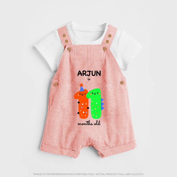 Milestone Dungaree Set for 11th Month | Soft Cotton Personalized Dungaree Set | Unisex Design - PEACH - 0 - 5 Months Old (Chest 18")