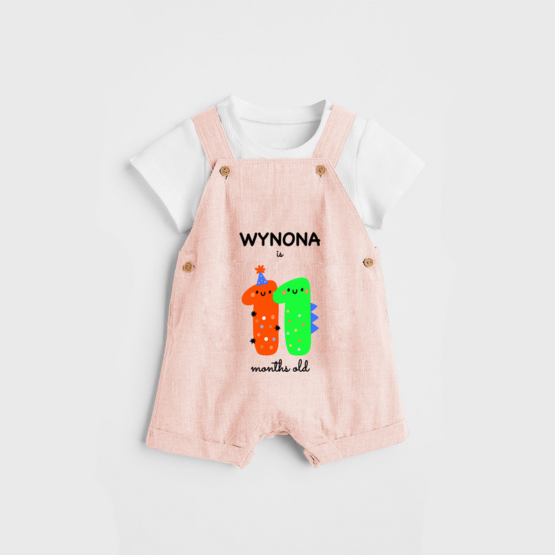 Celebrate The Eleventh Month Birthday Custom Dungaree, Featuring with your Baby's name - PEACH - 0 - 5 Months Old (Chest 17")