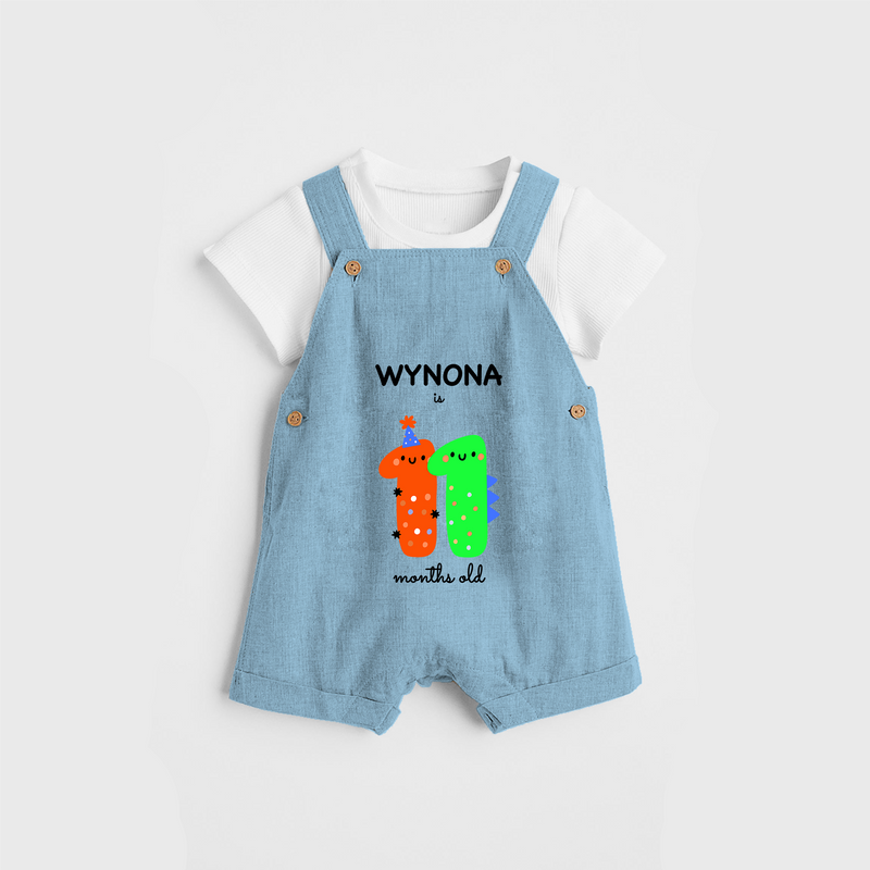 Celebrate The Eleventh Month Birthday Custom Dungaree, Featuring with your Baby's name - SKY BLUE - 0 - 5 Months Old (Chest 17")