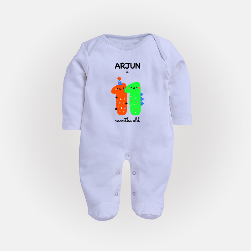 Milestone Full Sleeve Bodysuit/ Sleep Suit/ Jumpsuit for 11th Month | Soft Cotton Personalized Full Sleeve Bodysuit/ Sleep Suit/ Jumpsuit | Unisex Design - BABY BLUE - New Born (Chest 7.5")
