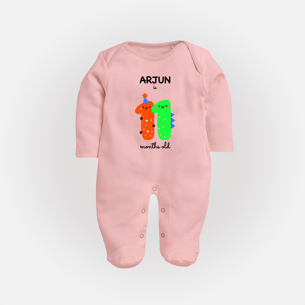Milestone Full Sleeve Bodysuit/ Sleep Suit/ Jumpsuit for 11th Month | Soft Cotton Personalized Full Sleeve Bodysuit/ Sleep Suit/ Jumpsuit | Unisex Design - BABY PINK - New Born (Chest 7.5")