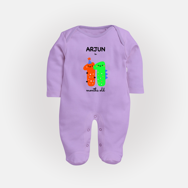 Milestone Full Sleeve Bodysuit/ Sleep Suit/ Jumpsuit for 11th Month | Soft Cotton Personalized Full Sleeve Bodysuit/ Sleep Suit/ Jumpsuit | Unisex Design - LILAC - New Born (Chest 7.5")