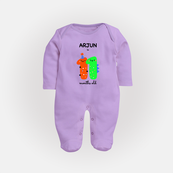 Milestone Full Sleeve Bodysuit/ Sleep Suit/ Jumpsuit for 11th Month | Soft Cotton Personalized Full Sleeve Bodysuit/ Sleep Suit/ Jumpsuit | Unisex Design - LILAC - New Born (Chest 7.5")