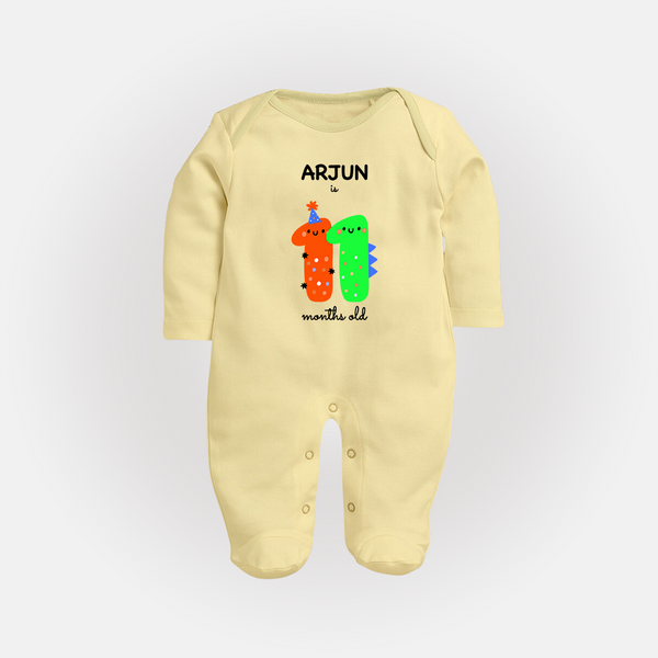 Milestone Full Sleeve Bodysuit/ Sleep Suit/ Jumpsuit for 11th Month | Soft Cotton Personalized Full Sleeve Bodysuit/ Sleep Suit/ Jumpsuit | Unisex Design - PASTEL YELLOW - New Born (Chest 7.5")