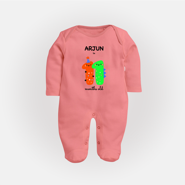 Milestone Full Sleeve Bodysuit/ Sleep Suit/ Jumpsuit for 11th Month | Soft Cotton Personalized Full Sleeve Bodysuit/ Sleep Suit/ Jumpsuit | Unisex Design - PEACH - New Born (Chest 7.5")