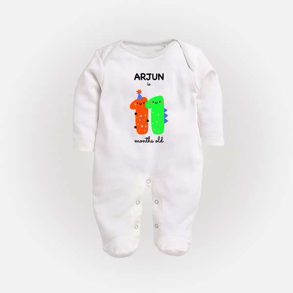 Milestone Full Sleeve Bodysuit/ Sleep Suit/ Jumpsuit for 11th Month | Soft Cotton Personalized Full Sleeve Bodysuit/ Sleep Suit/ Jumpsuit | Unisex Design - WHITE - New Born (Chest 7.5")