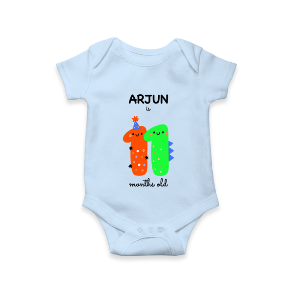 Milestone Romper for 11th Month | Soft Cotton Personalized Romper/Onesie | Unisex Design - BABY BLUE - New Born (Chest 14")