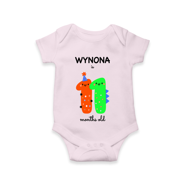 Celebrate The Eleventh Month Birthday Custom Romper, Featuring with your Baby's name - BABY PINK - 0 - 3 Months Old (Chest 16")