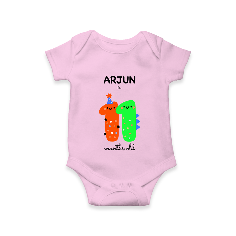 Milestone Romper for 11th Month | Soft Cotton Personalized Romper/Onesie | Unisex Design - BABY PINK - New Born (Chest 14")