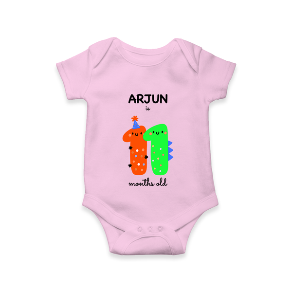 Milestone Romper for 11th Month | Soft Cotton Personalized Romper/Onesie | Unisex Design - BABY PINK - New Born (Chest 14")