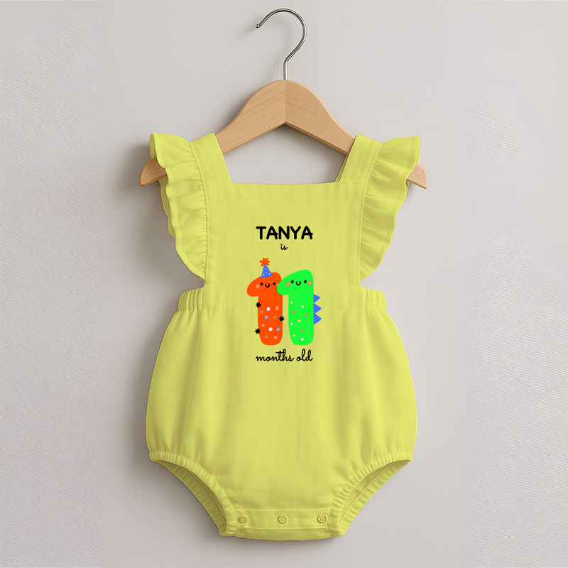 Milestone Romper Frock for 11th Month | Soft Cotton Personalized Romper Frock | Unisex Design - PASTEL YELLOW - 0 - 3 Months Old (Chest 19")