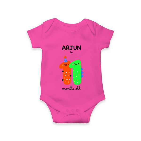 Milestone Romper for 11th Month | Soft Cotton Personalized Romper/Onesie | Unisex Design - HOT PINK - New Born (Chest 14")