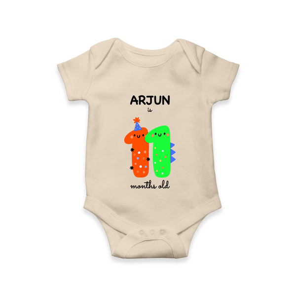 Milestone Romper for 11th Month | Soft Cotton Personalized Romper/Onesie | Unisex Design - IVORY - New Born (Chest 14")