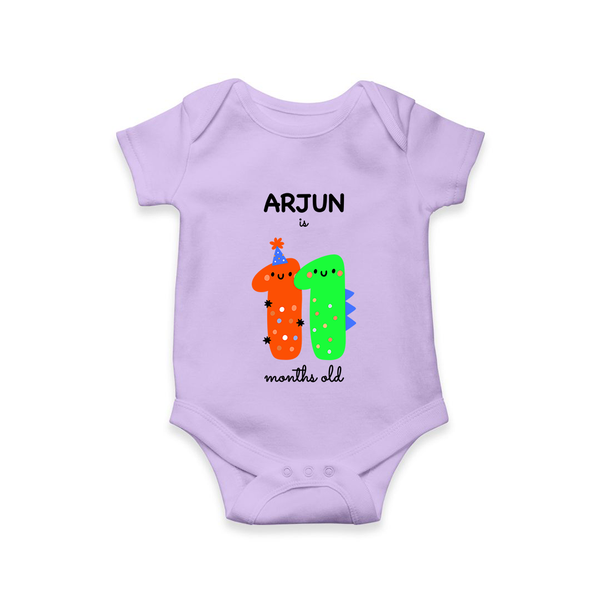 Milestone Romper for 11th Month | Soft Cotton Personalized Romper/Onesie | Unisex Design - LILAC - New Born (Chest 14")