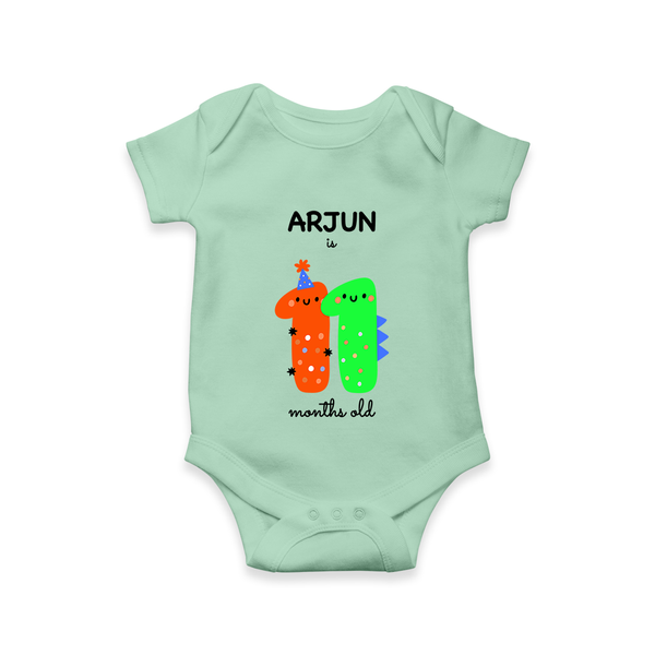 Milestone Romper for 11th Month | Soft Cotton Personalized Romper/Onesie | Unisex Design - MINT GREEN - New Born (Chest 14")