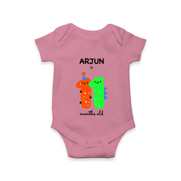 Milestone Romper for 11th Month | Soft Cotton Personalized Romper/Onesie | Unisex Design - ONION - New Born (Chest 14")