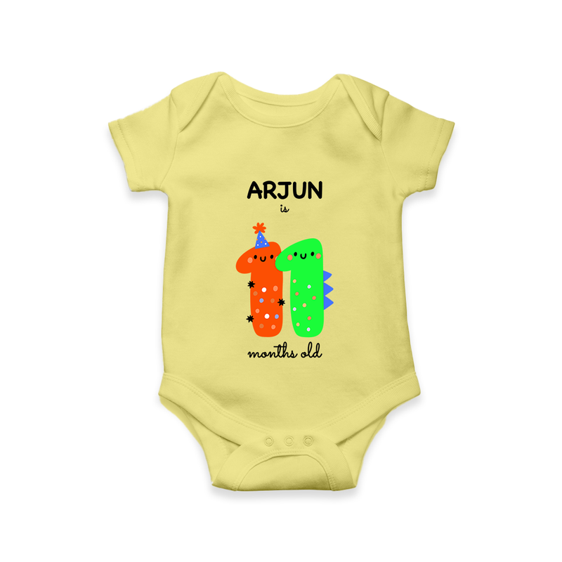 Milestone Romper for 11th Month | Soft Cotton Personalized Romper/Onesie | Unisex Design - PASTEL YELLOW - New Born (Chest 14")