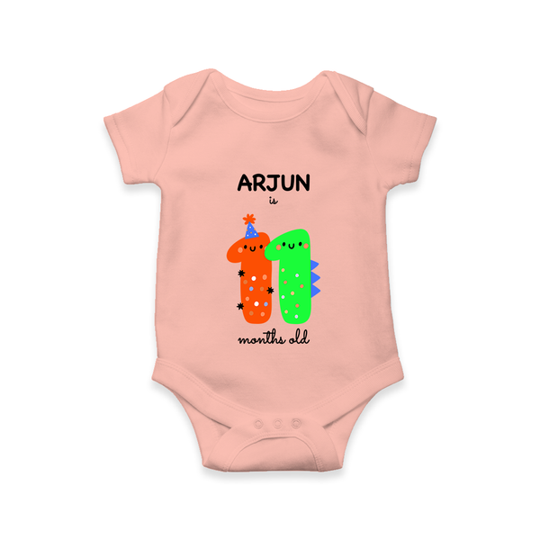 Milestone Romper for 11th Month | Soft Cotton Personalized Romper/Onesie | Unisex Design - PEACH - New Born (Chest 14")