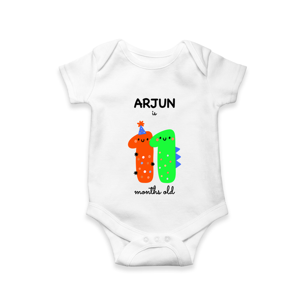 Milestone Romper for 11th Month | Soft Cotton Personalized Romper/Onesie | Unisex Design - WHITE - New Born (Chest 14")
