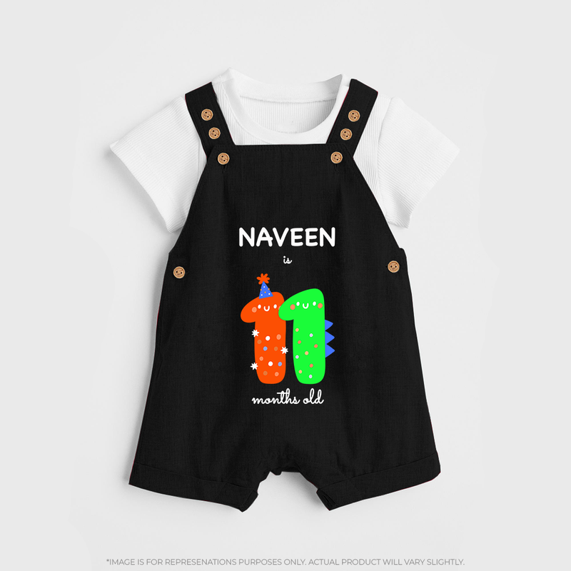 Milestone Dungaree Set for 11th Month | Soft Cotton Personalized Dungaree Set | Unisex Design - BLACK - 0 - 5 Months Old (Chest 18")
