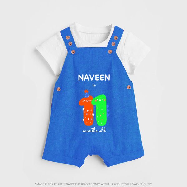 Milestone Dungaree Set for 11th Month | Soft Cotton Personalized Dungaree Set | Unisex Design - COBALT BLUE - 0 - 5 Months Old (Chest 18")