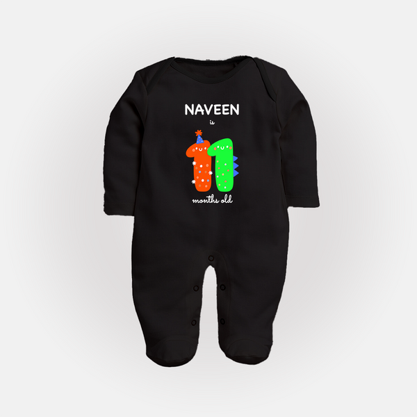 Milestone Full Sleeve Bodysuit/ Sleep Suit/ Jumpsuit for 11th Month | Soft Cotton Personalized Full Sleeve Bodysuit/ Sleep Suit/ Jumpsuit | Unisex Design - BLACK - New Born (Chest 7.5")