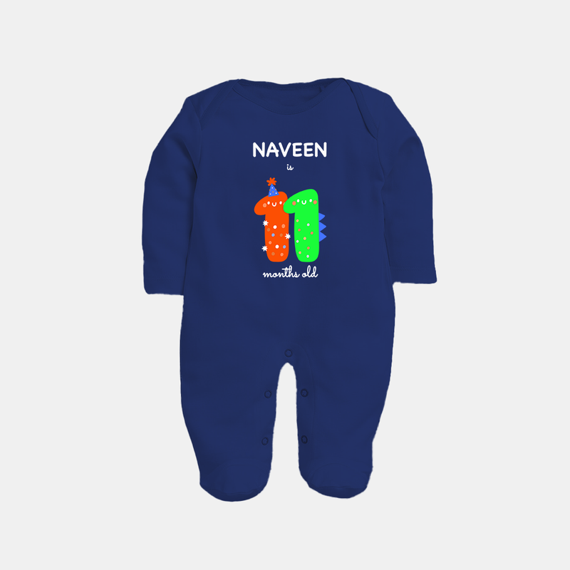 Milestone Full Sleeve Bodysuit/ Sleep Suit/ Jumpsuit for 11th Month | Soft Cotton Personalized Full Sleeve Bodysuit/ Sleep Suit/ Jumpsuit | Unisex Design - NAVY BLUE - New Born (Chest 7.5")