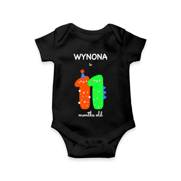 Celebrate The Eleventh Month Birthday Custom Romper, Featuring with your Baby's name - BLACK - 0 - 3 Months Old (Chest 16")